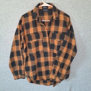 Spoon Jeans Women's Oversized Hi-Lo Plaid Flannel Size Medium Orange And Black